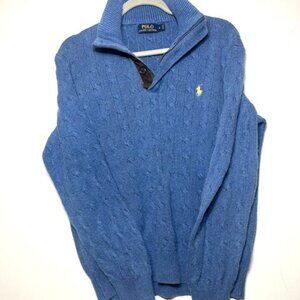 Polo Ralph Lauren Men's Blue Tussah Silk Quarter Zip Cable Knit Sweater Sz L